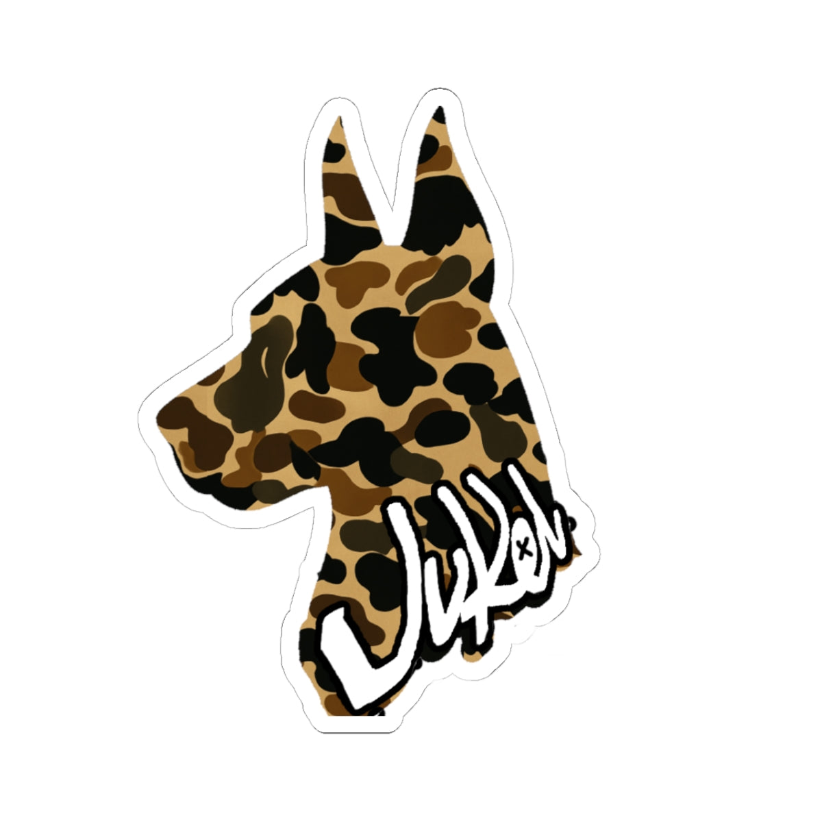 Juken Camo Doberman Sticker – Kiss-Cut Vinyl Logo (Glossy Finish)