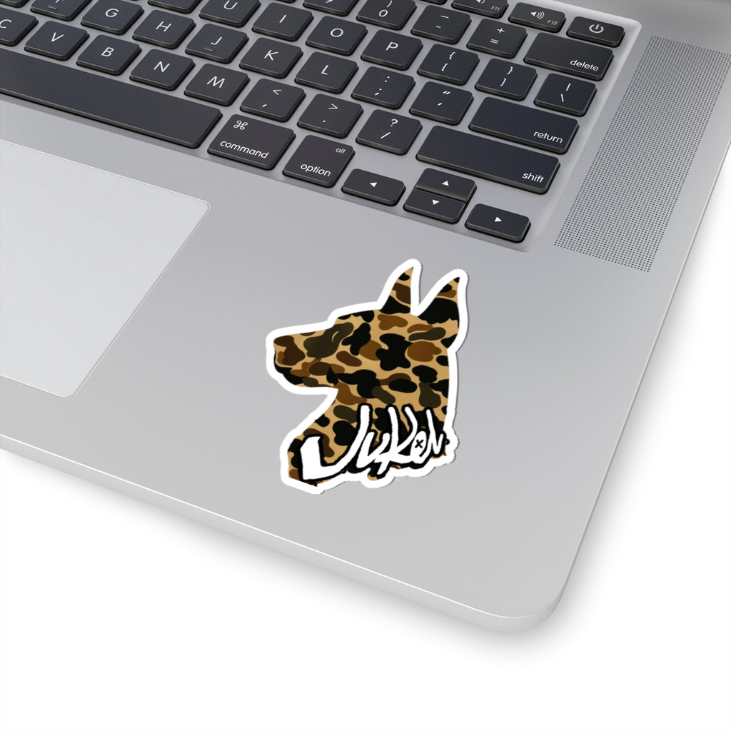 Juken Camo Doberman Sticker – Kiss-Cut Vinyl Logo (Glossy Finish)