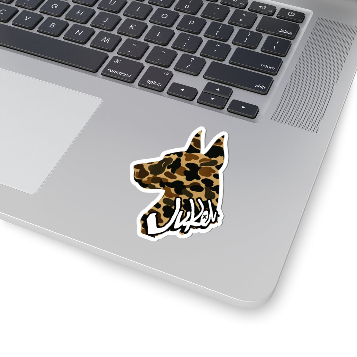 Juken Camo Doberman Sticker – Kiss-Cut Vinyl Logo (Glossy Finish)